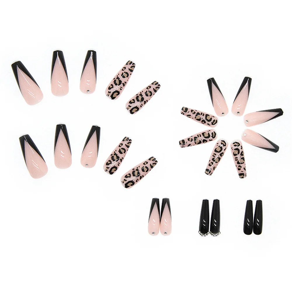 Fashion Leopard Long Ballerina Fake Nail Tips With Designs French Coffin False Nails Set Press On Wearable Full Cover Manicure