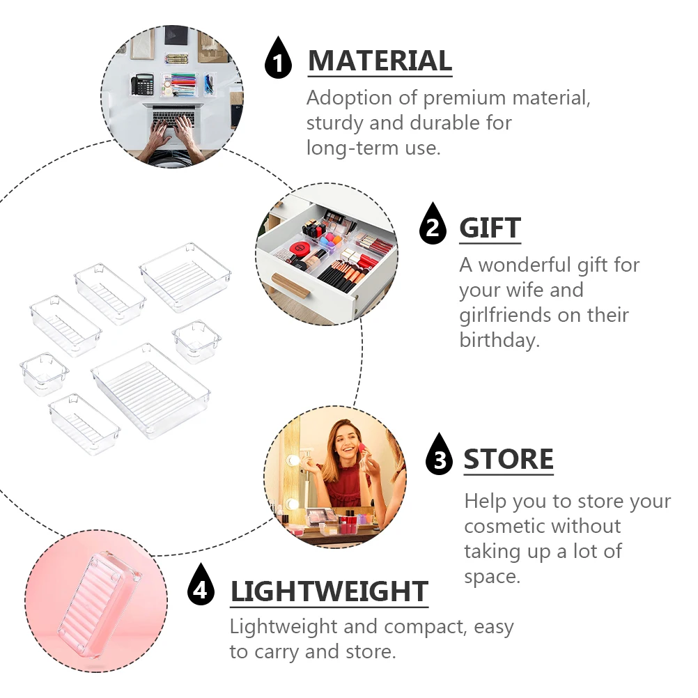 

7pcs Jewelry Storage Box Transparent Organizer Desktop Holder Drawer Divider Container For Home Travel Use