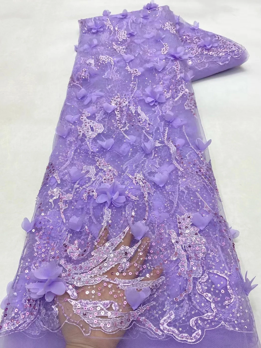 

(5yards/pc) Beautiful lilac purple tulle lace with 3D flowers embroidered African appliqued net lace fabric with beads FZX207