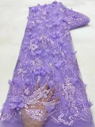 (5yards/pc) Beautiful lilac purple tulle lace with 3D flowers embroidered African appliqued net lace fabric with beads FZX207