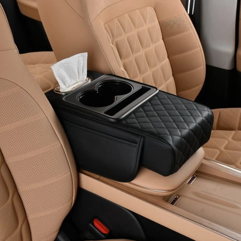 صندوق تخزين مسند ذراع السيارة، منظم وحدة التحكم المركزية للسيارة، وسادة زيادة مسند الذراع مع حامل الأكواب، صندوق منظم تخزين مسند الذراع