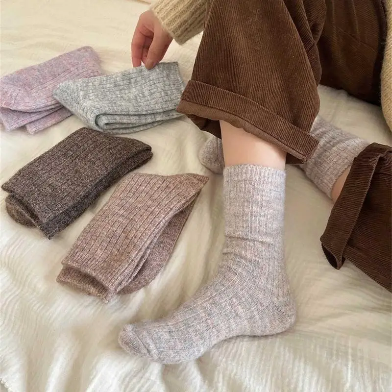 

L38E женские японские корейские стильные вязаные носки в рубчик из искусственной шерсти, однотонные зимние теплые утолщенные до