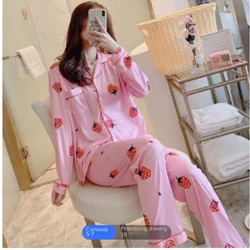 women's pajamas set cardigan printed long-sleeved trousers homewear two-piece blue strawberry pattern college students sleepwear