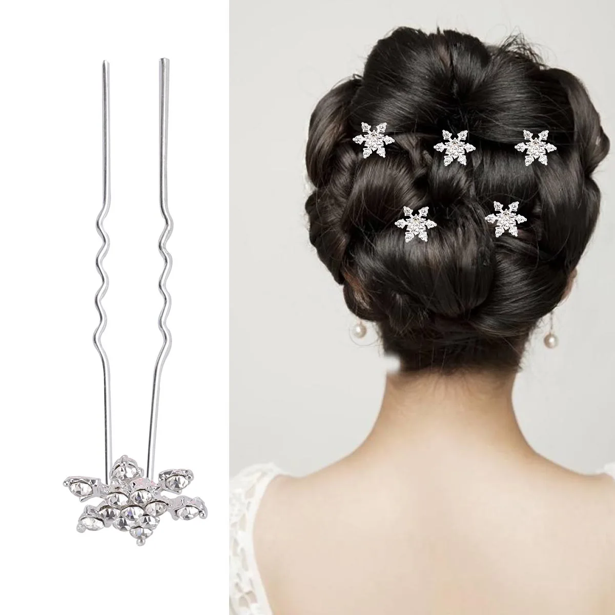 

6pcs U Shaped Hair Pins Rhinestone Bridal Accessories Durable Alloy Snowflake Design Wedding Clips Women Hair Styling Tools