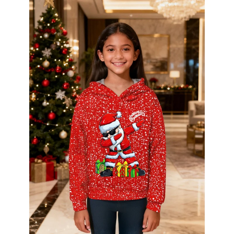 Girls' Red Christmas Sweatshirt Santa Claus Print Pattern Hooded 2026 Comfortable Cotton Kids Holiday Top