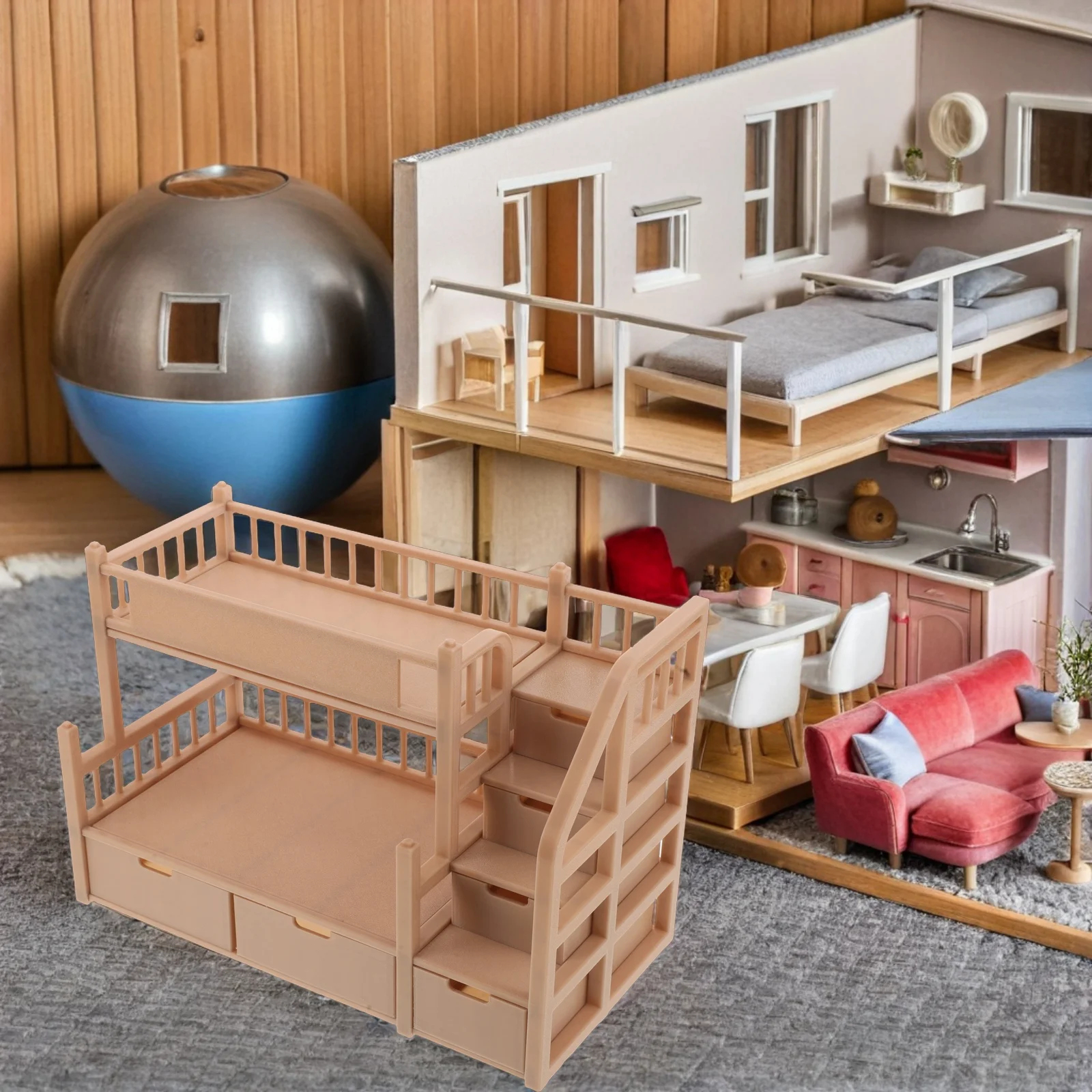 

Dollhouse Furniture Miniature Double Bed For 18 Cm Bunk Bed With Drawer Ladder Realistic Wood Design Pretend Play Bedroom