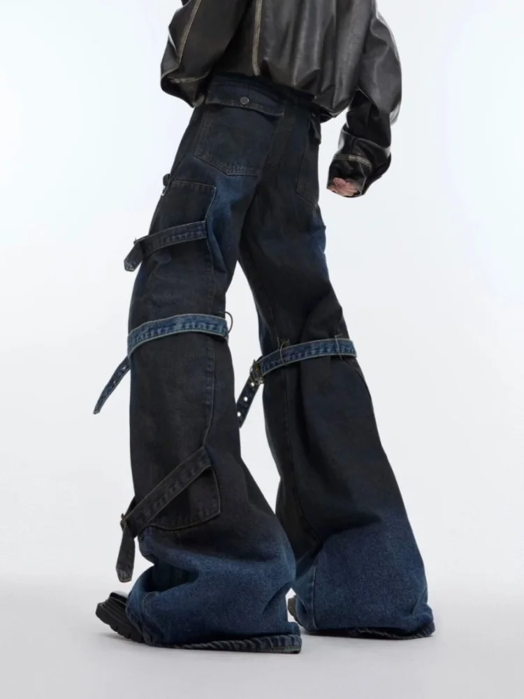 2026 Dark Y2K Streetwear Jeans mit Riemen-Design, Blaue Baggy Flare Jeans für Herren, Hip-Hop Punk Gothic Denim-Hosen, Vaqueros – Detail 13