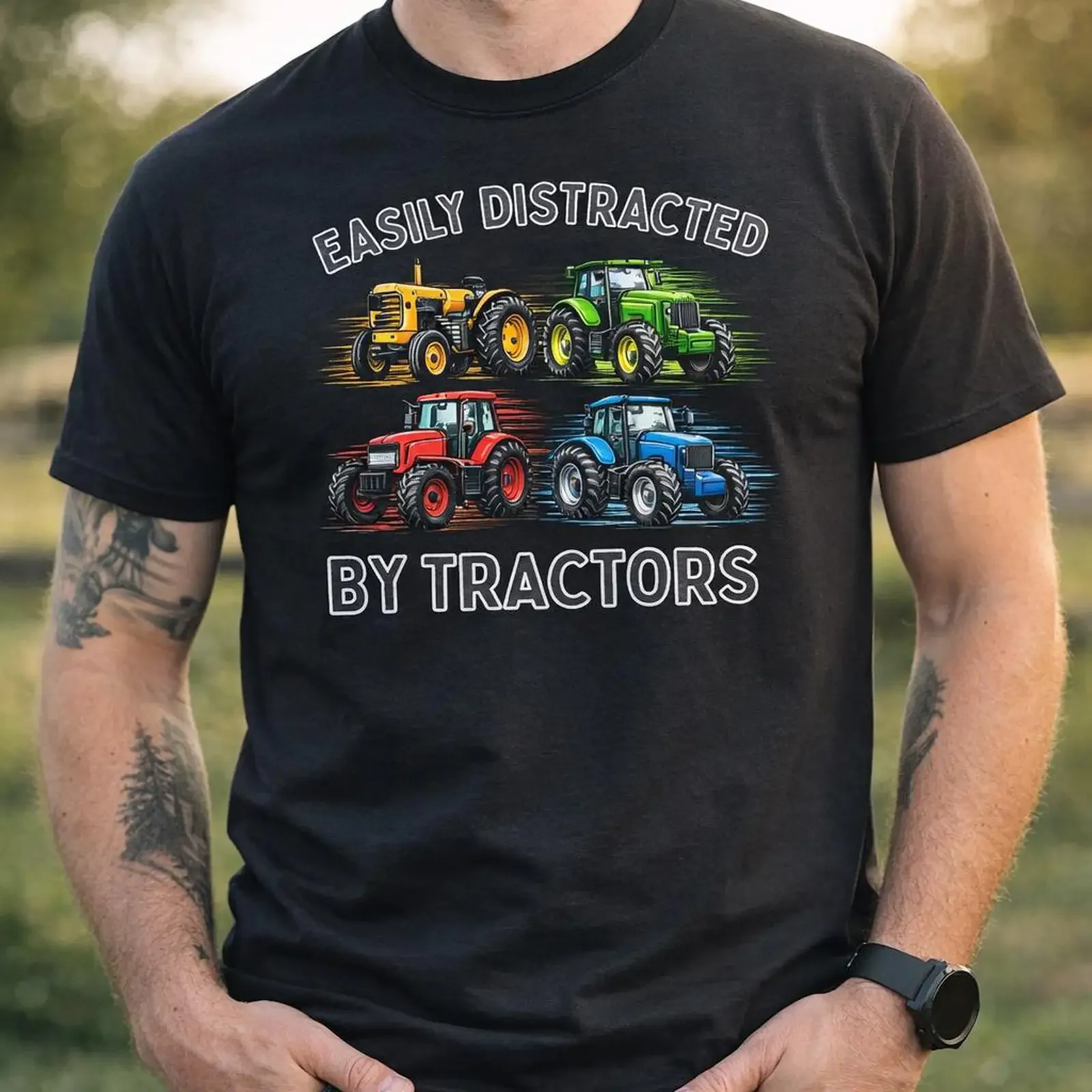 Easily Distracted by Tractors T Shirt Funny Farmer for Him vintage Washed graphic Stylish designer clothes Stretched