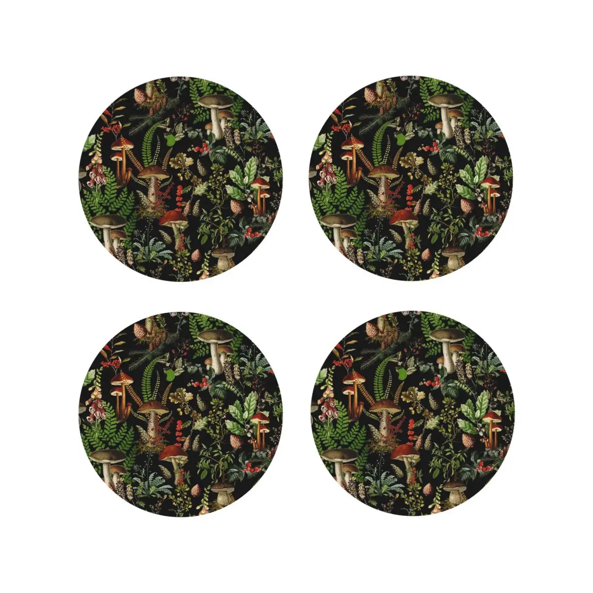 

Винтажные полуночные грибы с лесным узором-черные ботанические подставки для ночного сада, изоляционные коврики для кофе, подушечки для посуды, набор из 4 шт.