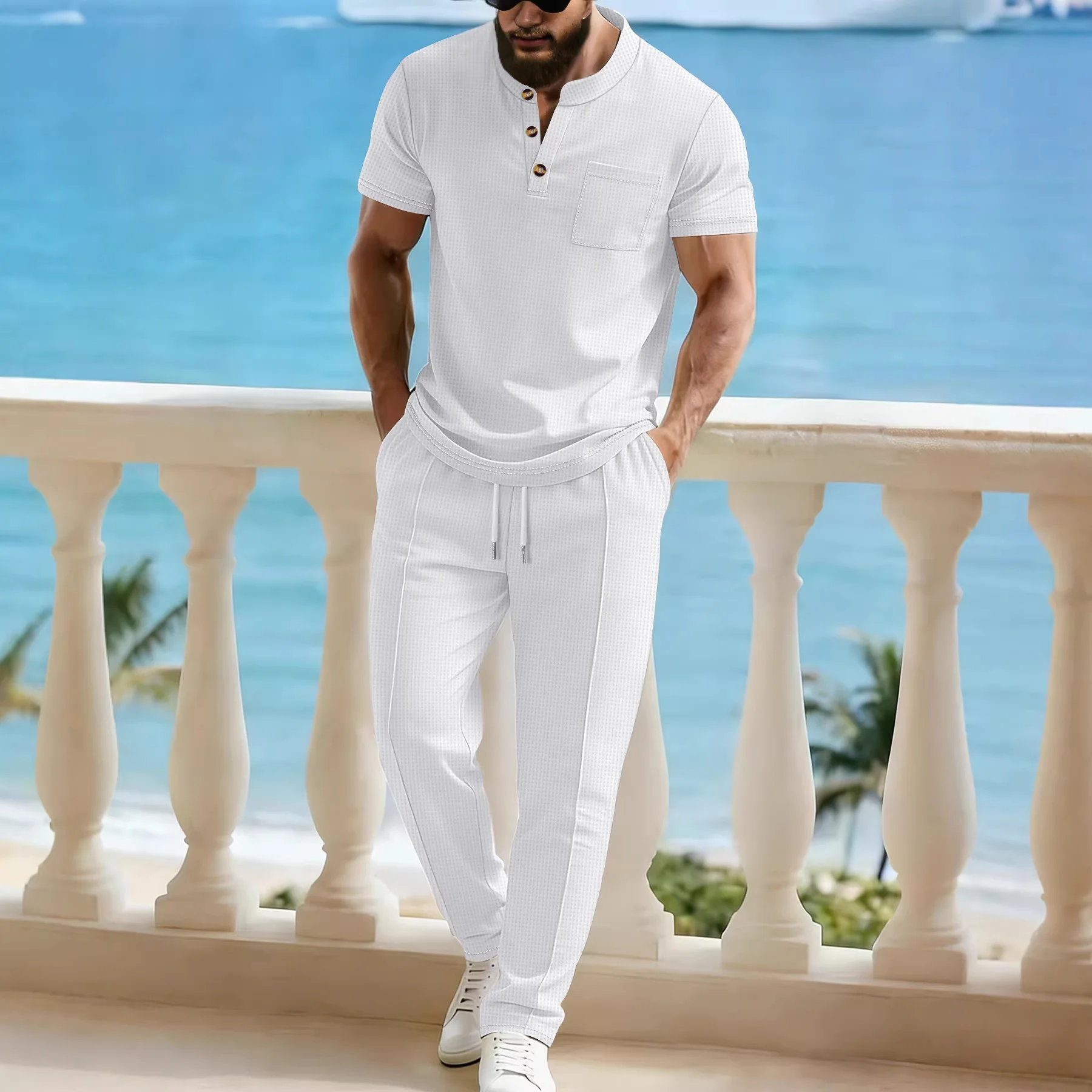 

Men's waffle knit two-piece suit, summer Henry collar polo shirt, short-sleeved and laced pants, casual breathable beachwear.