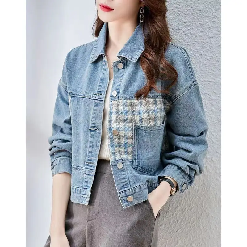 

Tinaa Korean Style Young Girl Denim Coat 2026 Spring Summer Vintage Washed Blue Patchwork Turn Down Collar Pockets Jacket 195212