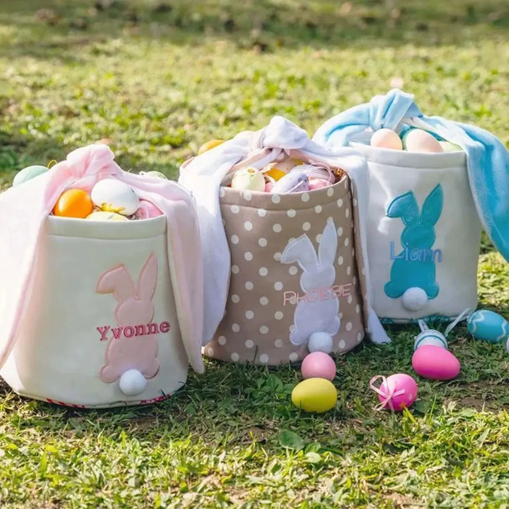 2025 Custom Name Cute Portable Tote Bag Carrying Personalized Easter Basket Pink Bunny Style For Children Storage Colorful Eggs