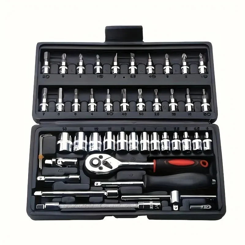 46pcs Car Repair Tool Kit, 1/4 inch Drive Socket Ratchet Wrench Set,Combo Tools Kit Bicycle Auto Repairing Tool