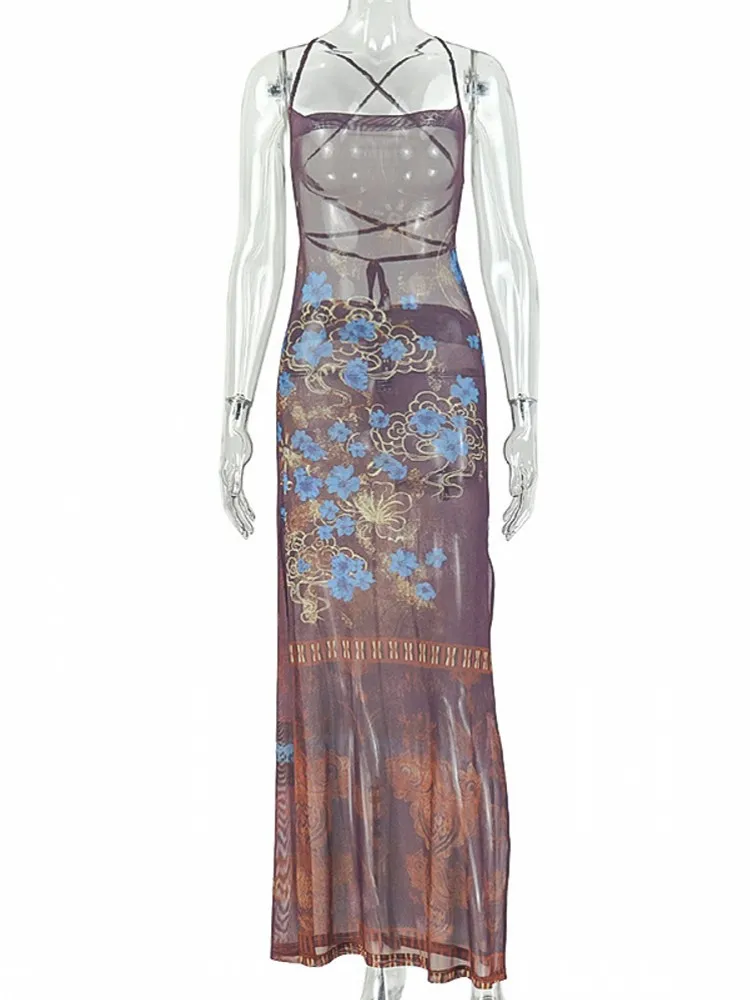 

Elegant Cover-up Women V-Neck Maxi Dress Fashion Sleeveless Print Dresses Evening Ladies Street Party Vestidos Summer Autumn
