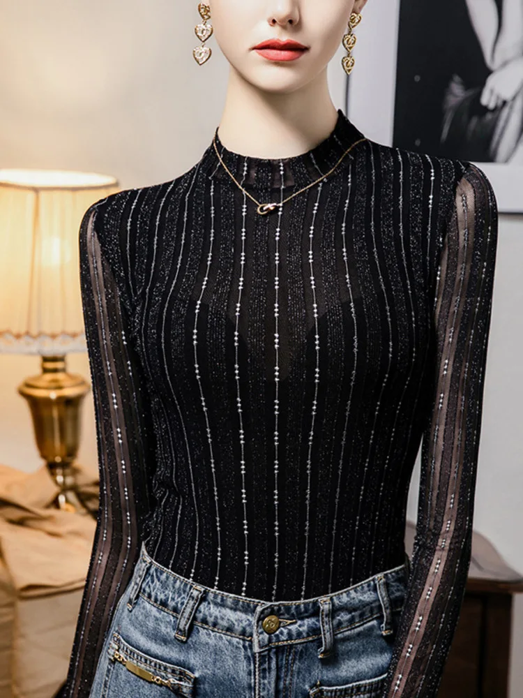 Bright Silk Striped Stand Up Collar Lace Base Shirt For Women, Slim Fit 2025 Autumn And Winter New Item, Interior Women's