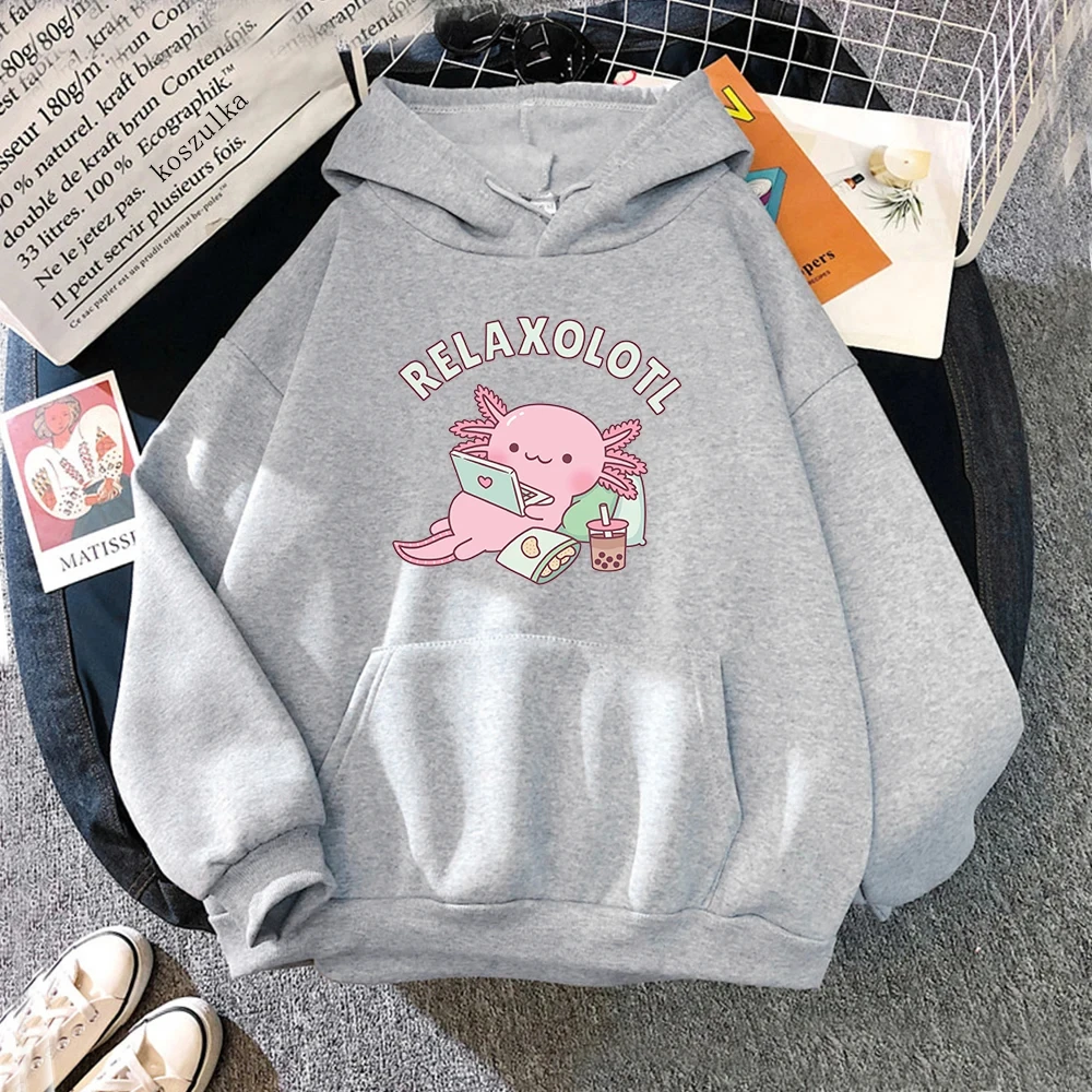 Hoodies Cartoon Axolotl Boba Milk Tea Women\'s Y2k Casual Print Sweatshirt Autumn Winter Lazy Style Loose Hoodie Fashion Clothing