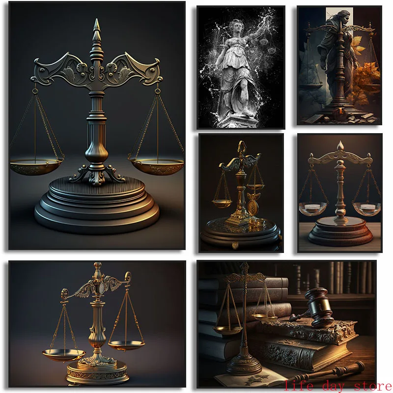 Scales of Justice Poster , Lady Themis with Scales, Judicial Symbol Canvas Painting Wall Art Picture Lawyer Office Decor Gift