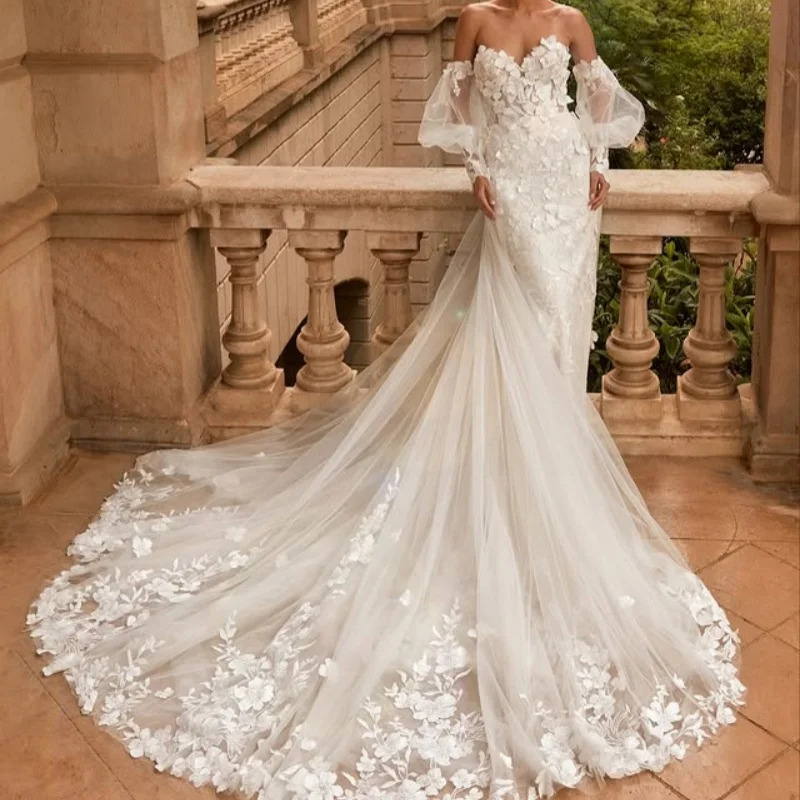 الدانتيل الأبيض العاجي يزين الدانتيل فساتين الزفاف من خارج الكتف ذيل السمكة ملصق قطار للانفصال زي العرائس صنع حسب الطلب #2