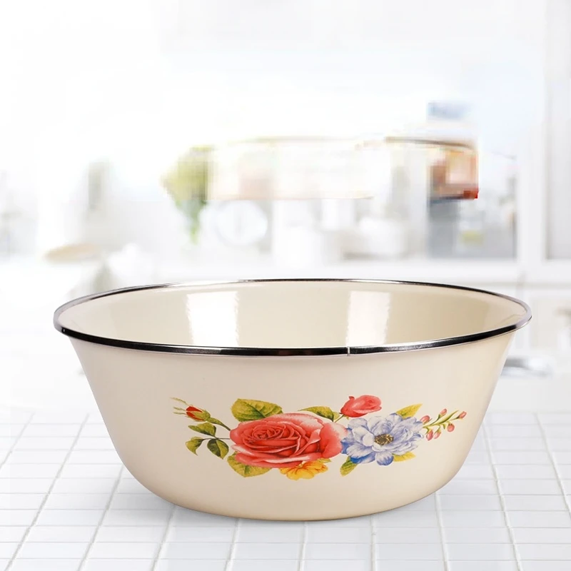 

Enamel Bowl Nostalgic Old-fashioned Large Fresh-keeping Hand Washing Bowl Household Soup Bowl with Lid Instant Noodles Kitchen