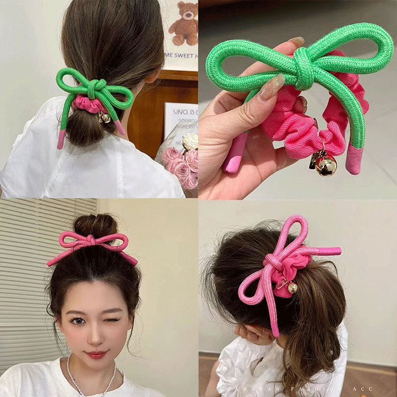 6Pcs/Lot DIY Bowknot Bandage Ponytail Scrunchies Pink Hair Bands Large Intestine Rings Styling Tool Accessory HA1643