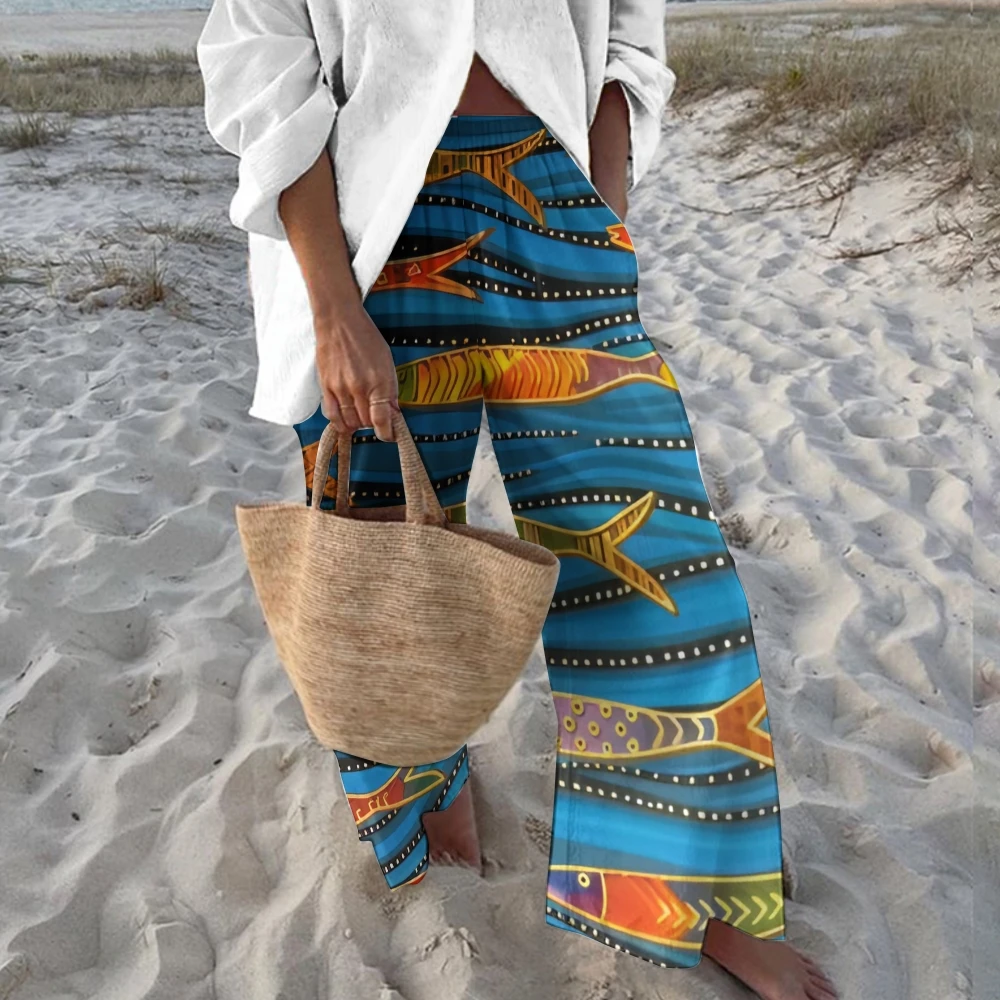 Blue Gradual Change Sardines Fish Print Women's Top Pants Set Designer New Loose Shirt Beach Pants Traf Chic Clothes Outfit