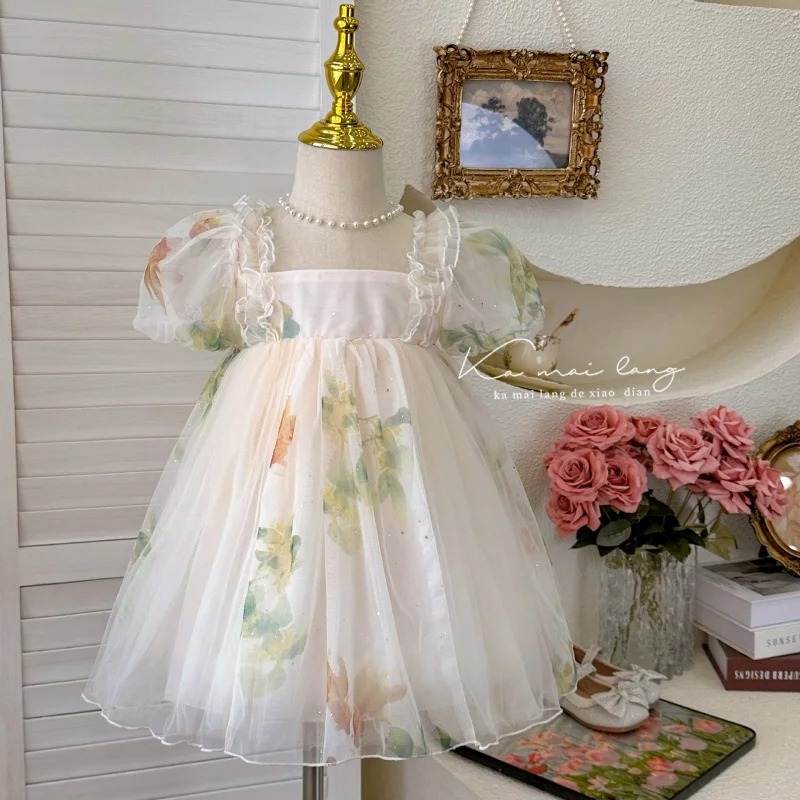 

ZLXZ-Girls' Dress2024Summer New Western Style Baby Girl Super Fairy Sweet Floral Little Girl Umbrella Princess Dress