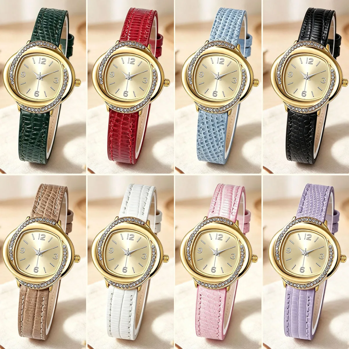 Elegant Ladies Irregular Quartz Watches Gold Case Rhinestone Bezel PU Leather Band Women Watches