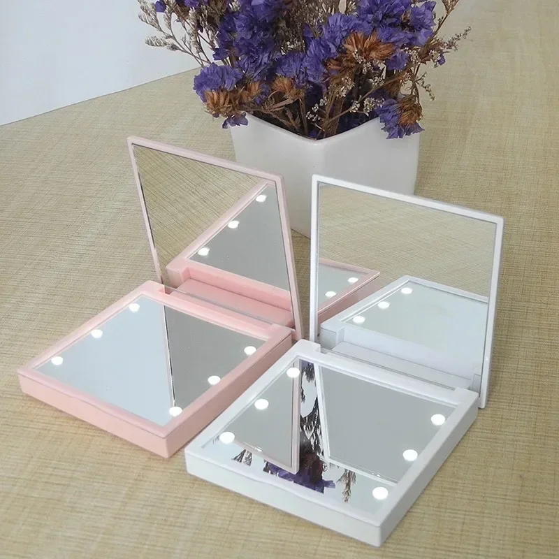 1PC 6 LED Lamps Women Foldable Makeup Mirrors Lights Lady Cosmetic Hand Folding Portable Compact Pocket Mirror Makeup Tools