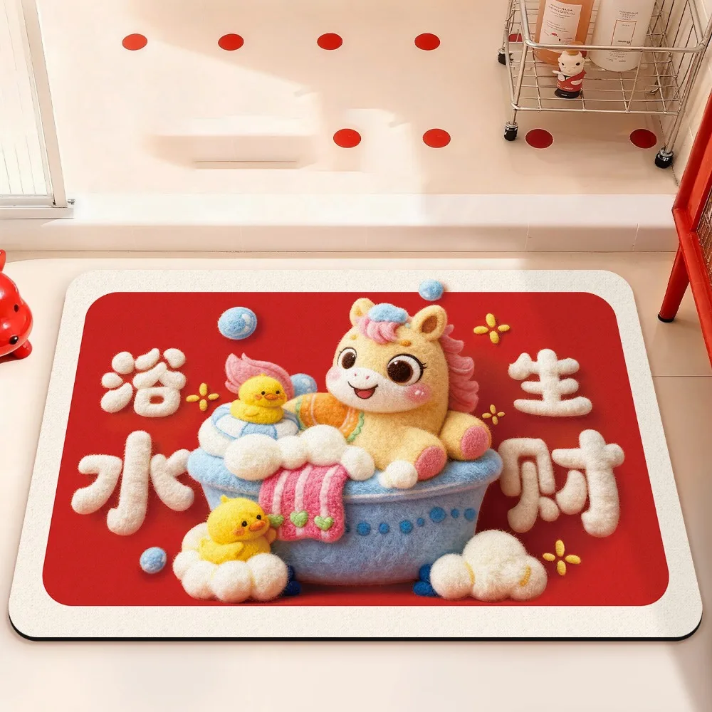 

Red Year of The Horse Door Mat Non-slip Water Absorption Pony New Year Floor Mat Soft Blessing Words Bath Mat Home Decoration