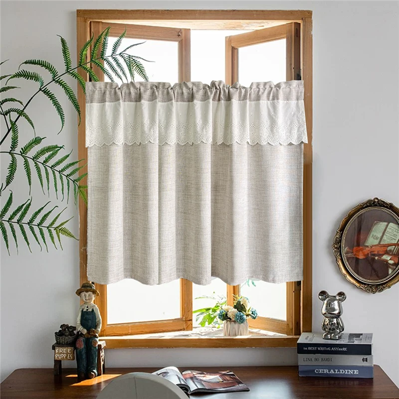 Japanese Light Coffee Linen Small Curtain With Beige Cotton Lace Rod Pockets For Kitchen Dorr Farmhouse Homestay Home Decor