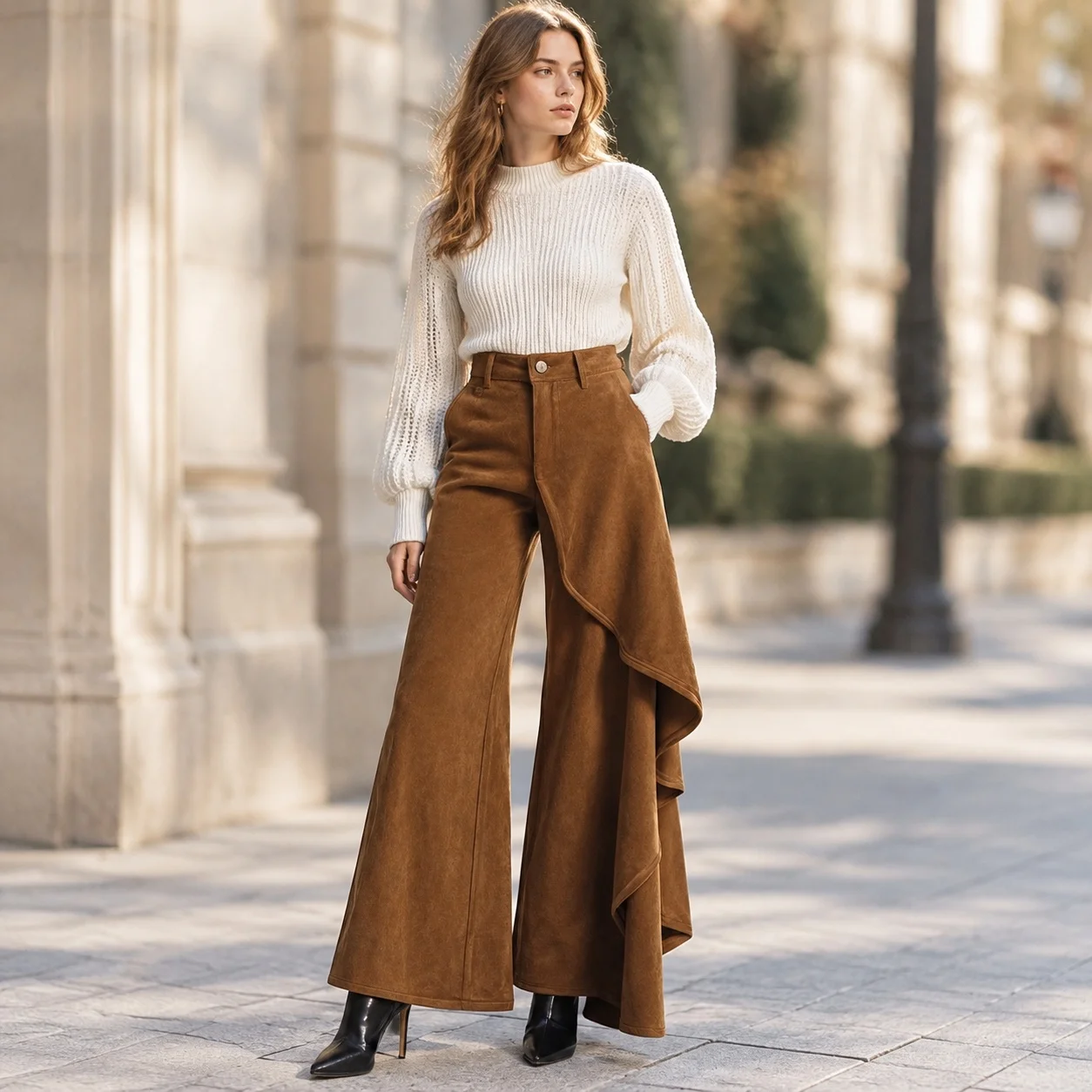 Asymmetrical Hem Pants Wide Leg High Waist with Slight Stretch Temperature Setting Individual Streetwear Full Length Women Pants
