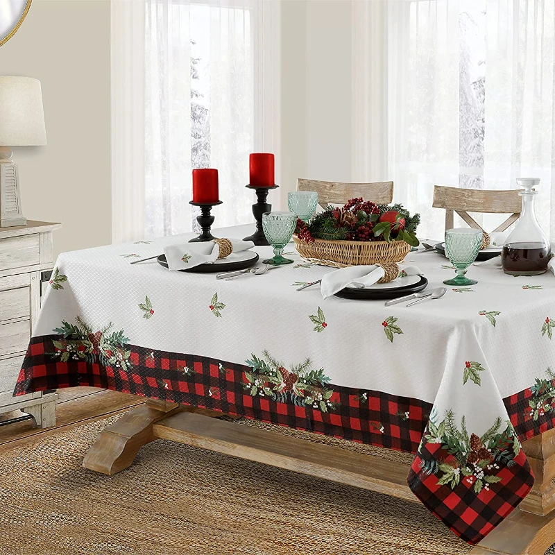 

Plaid wreath border Christmas tablecloth rectangular dining table stain-resistant decorative New Year's dinner tablecloth