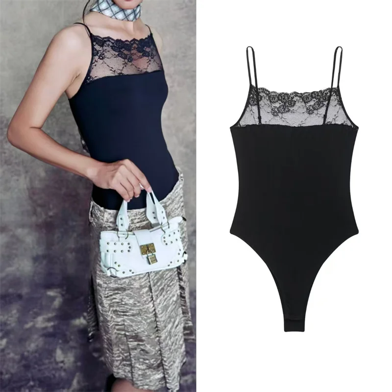 Guobioziy 2026 Summer New Women's Jumpsuit Black Strap Lace Trim Slim Fit Sexy Jumpsuit Elegant and Stylish