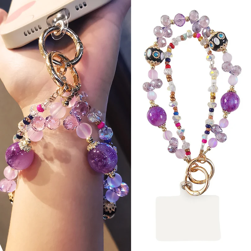 Purple Crystal Mobile Phone Lanyard Diamond Embellished Pendant Short Ball Beaded Bracelet Clip Phone Case Universal Lanyard Key