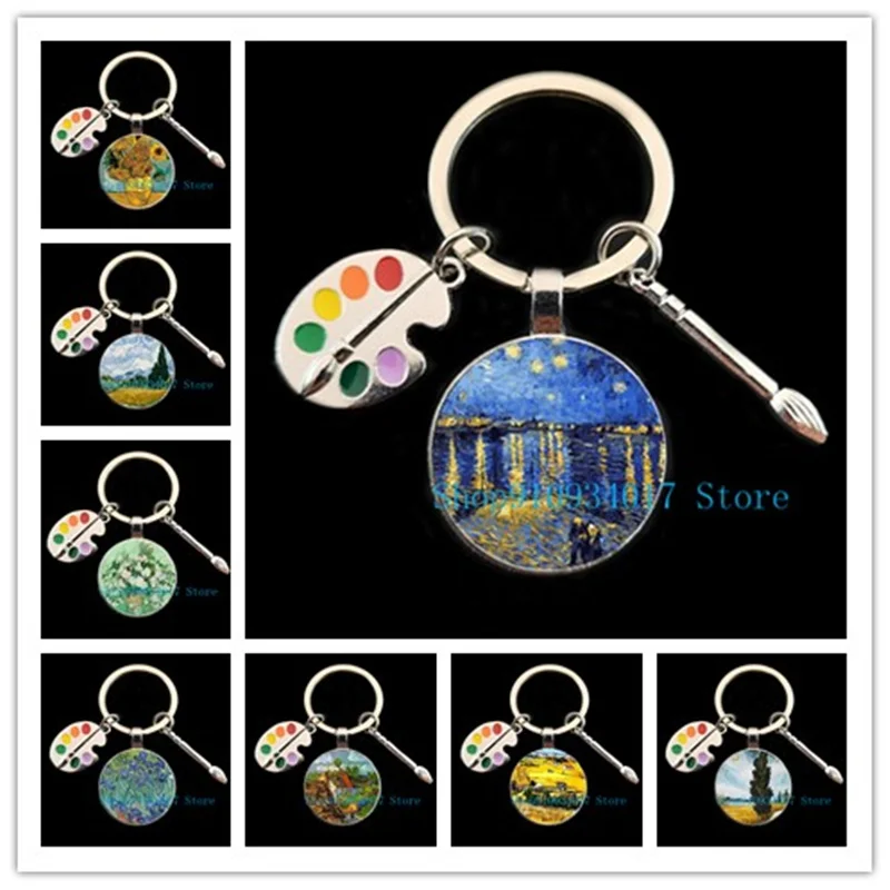 Vintage Van Gogh Painting Pendant KeyChain Moon Night Street Landscape Pattern Sunflower Keyring Man Woman Handmade Key Chain