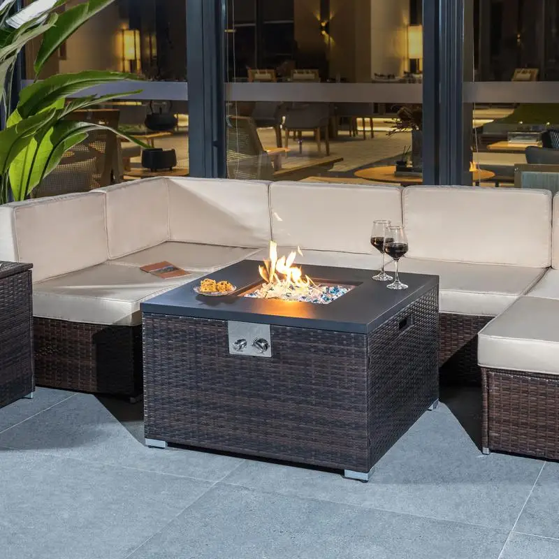 

Square Outdoor Gas Fire Pit Table, Dark Brown Wicker, Propane Fire Table with Glass Rocks, Perfect for Backyard, Patio, or Deck