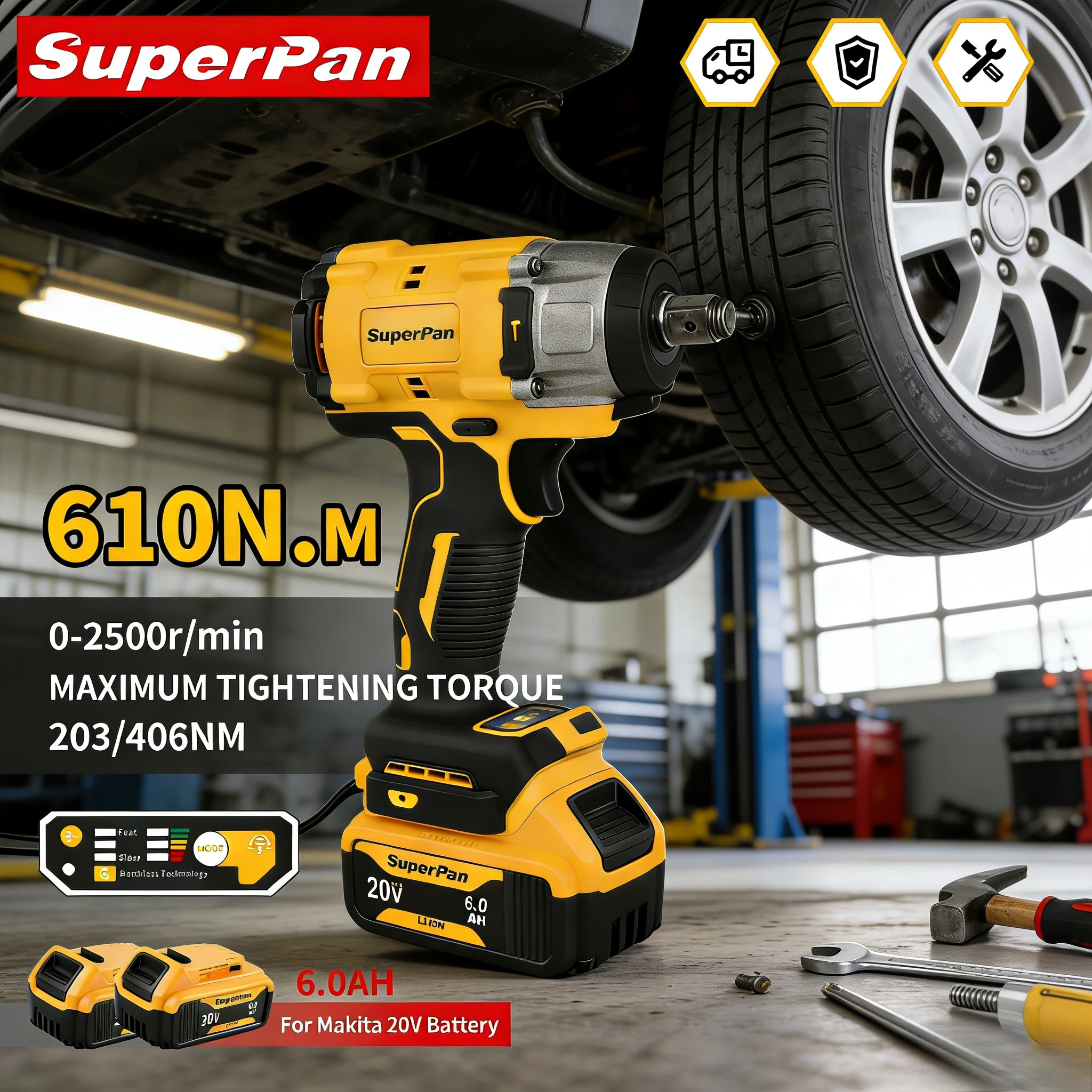 

SuperPan High-Torque Impact Wrench Precision Torque Control Anti-Slip Grip Durable Alloy 20V 610Nm 1/2" Drive for Dewalt