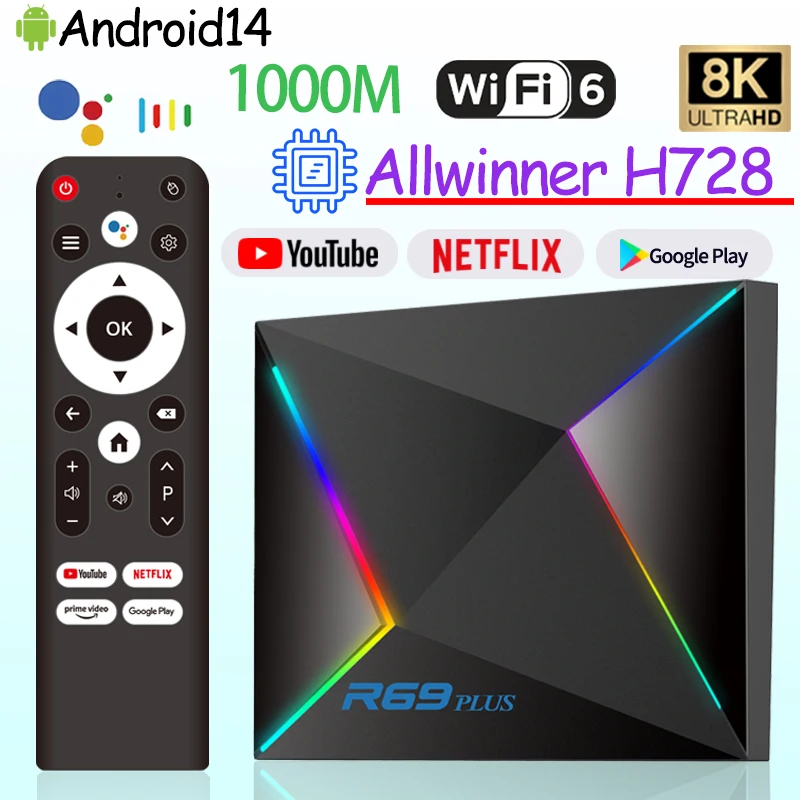 Original 8K Voice Remote R69PLUS TV Box Octa-Core ARM Processor Android 14 WiFi 6 BT5.0 Ethernet 1000M Set-top Box