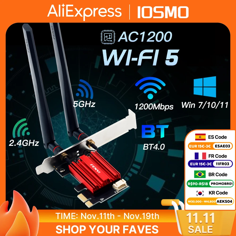FENVI WIFI 5 AC1200 Wireless Adapter Bluetooth 4.0 Dual Band 2.4G/5GHz PCI-E 802.11AC Network Card Lan Receiver for Win7/10/11