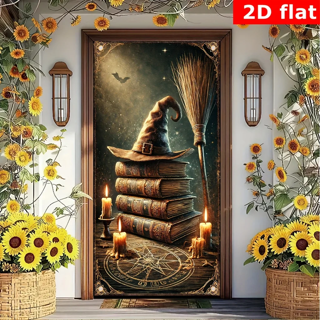2D Door Banner 1pc Witch Hat and Broomstick Polyester Indoor/Outdoor Art Decorative Door Curtain for Home Office Decor Banners
