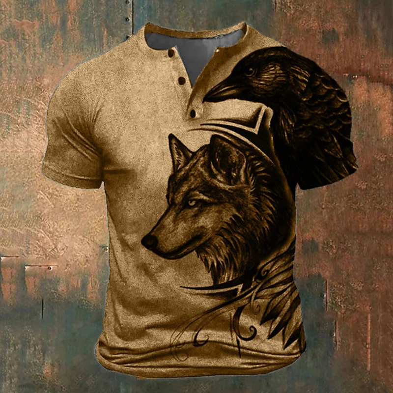 

Summer Henley Shirts Wolf 3D Print Streetwear Men's Fashion Vintage Button-Down Short Sleeve T Shirt Man Male Tees Tops Clothing
