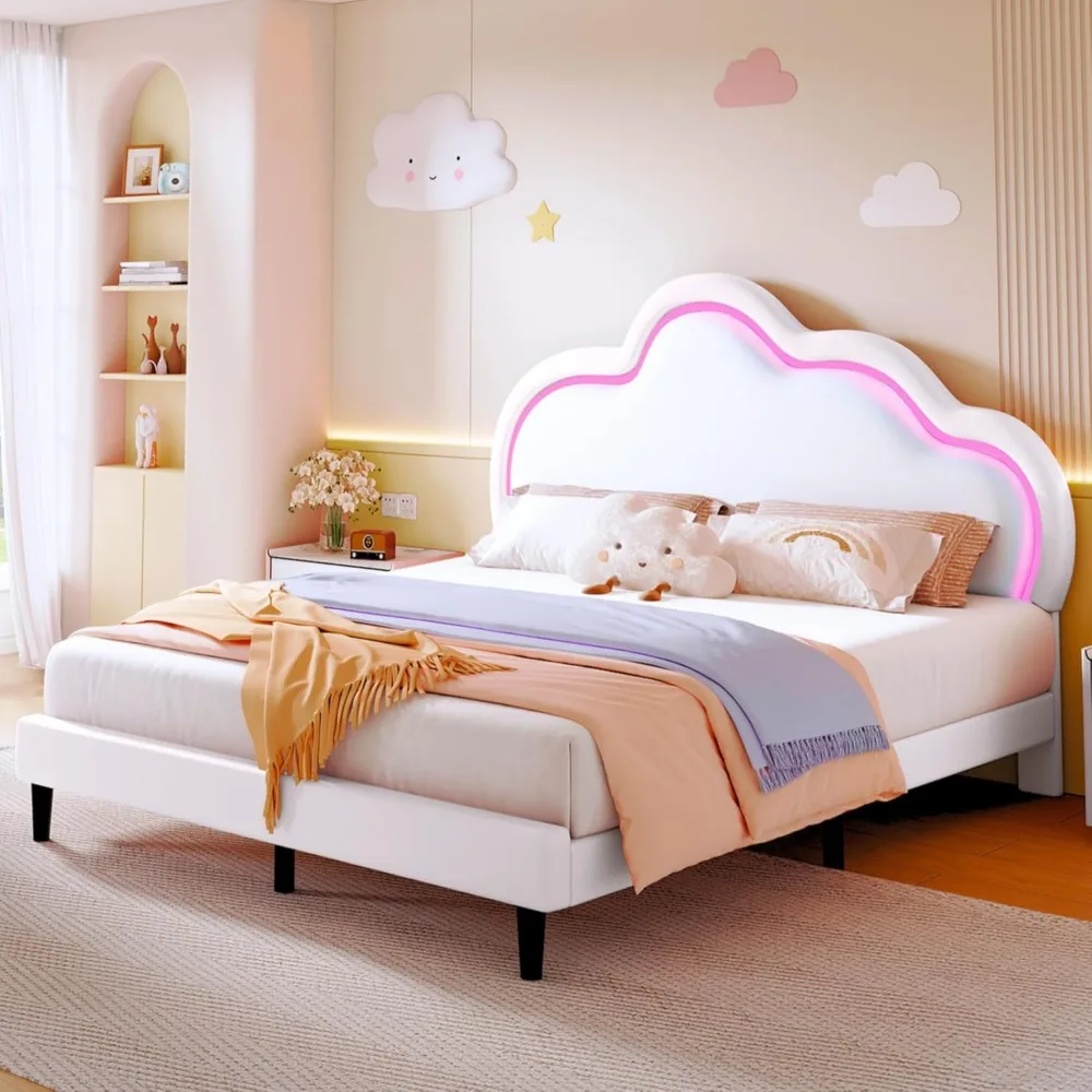 إطار سرير سحابي dwvo بحجم كوين، هيكل سرير منجد من جلد البولي يوريثان مع أضواء LED، سرير منصة مع لوح رأسي سحابي، بدون صندوق spr