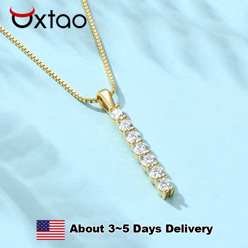 

OXTAO Full Moissanite Pendant Necklace for Women S925 Sterling Silver Chain 7-stone Bar Drop Necklaces Christmas Jewelry Gifts