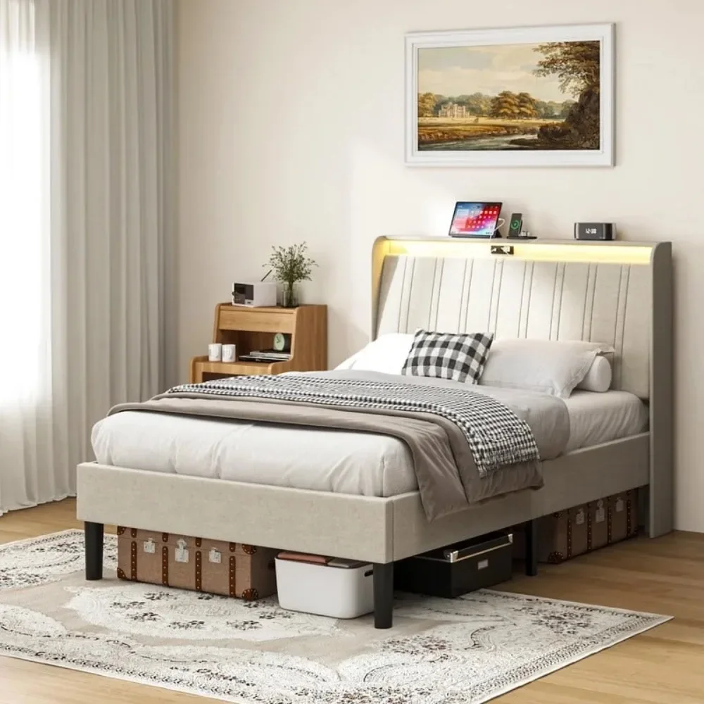 

Upholstered Platform Bed with Charging Statio, No Box Spring Needed, Twin Size Bed Frame with RGB LED Lights and 4 Drawers
