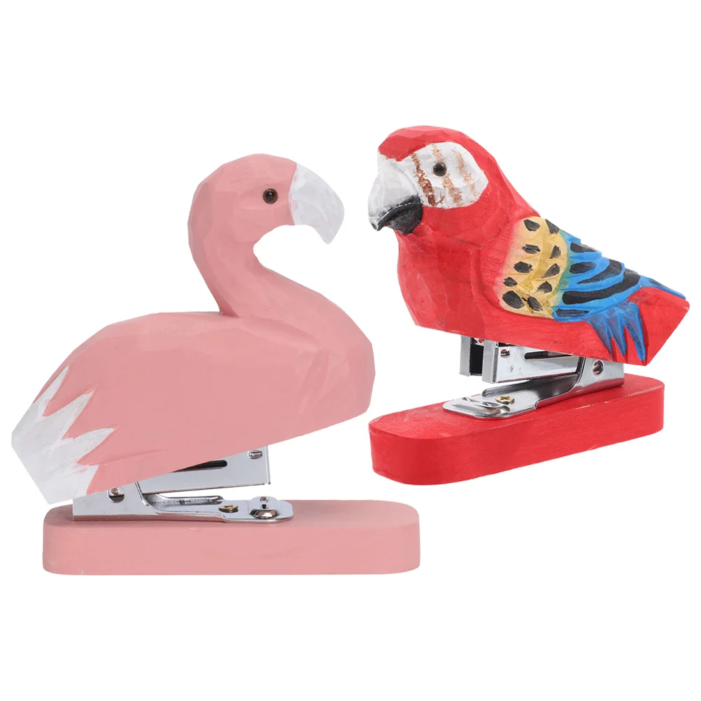 2pcs Mini Desktop Stapler Funny Stationery Carved Wooden Stapler Paper Fasteners Paper Stapling Tool Decorative Bird Stapler