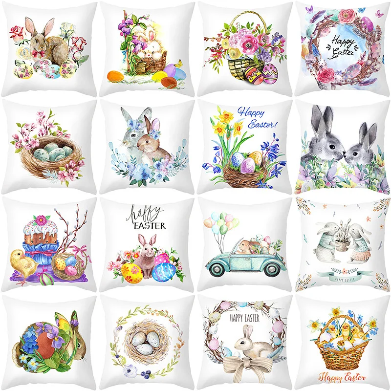 

45X45CM Cushion Cover Happy Easter Cotton Rabbit Pillow Case Sofa Pillowcases Easter Home Decorations For Home Pillow Cover 2021