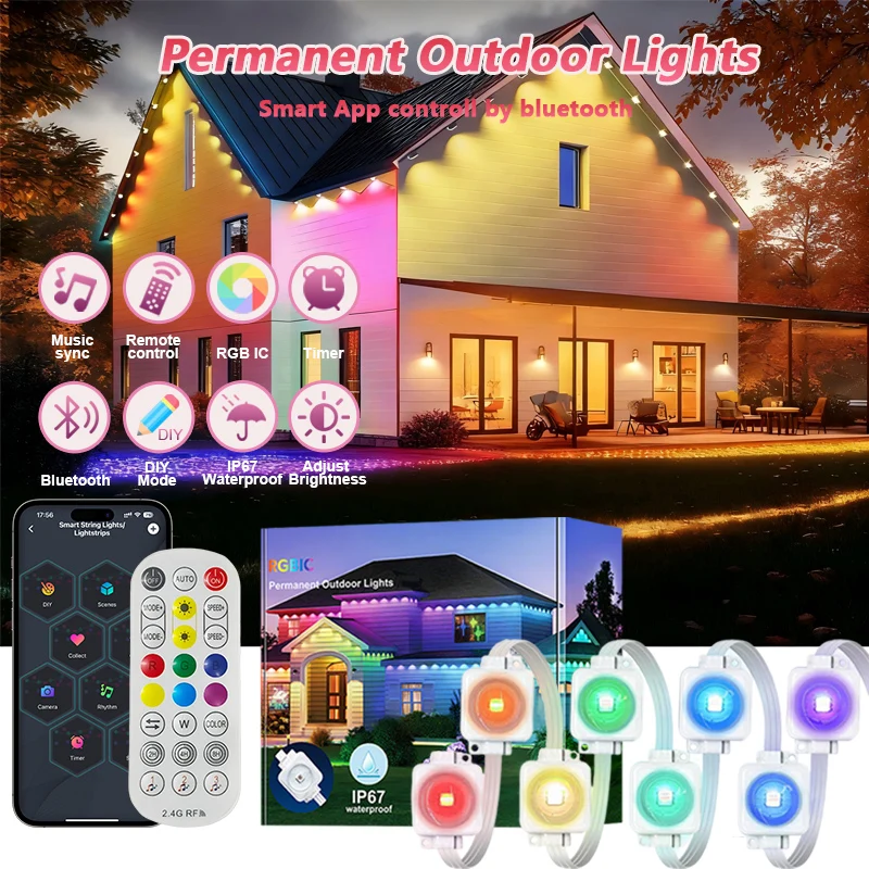 Smart RGBIC Eave Lights Permanent Outdoor LED String Lights Waterproof DIY Modes Music Sync Timer for Holiday Xmas Party Decor