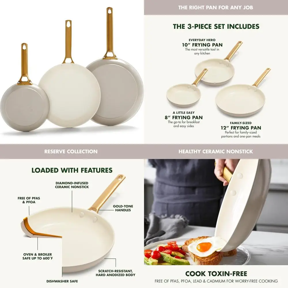 

Керамический набор сковородок из 3 предметов с антипригарным покрытием и золотыми ручками, здоровое приготовление пищи, без PFAS, можно мыть в посудомоечной машине, подходит для сковородок