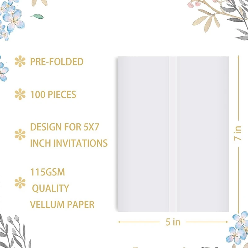 Convites de casamento Wraps Set, Jaquetas Vellum Pré Dobrado, Selo Envelope Adesivos, 5x7, 100 Pcs