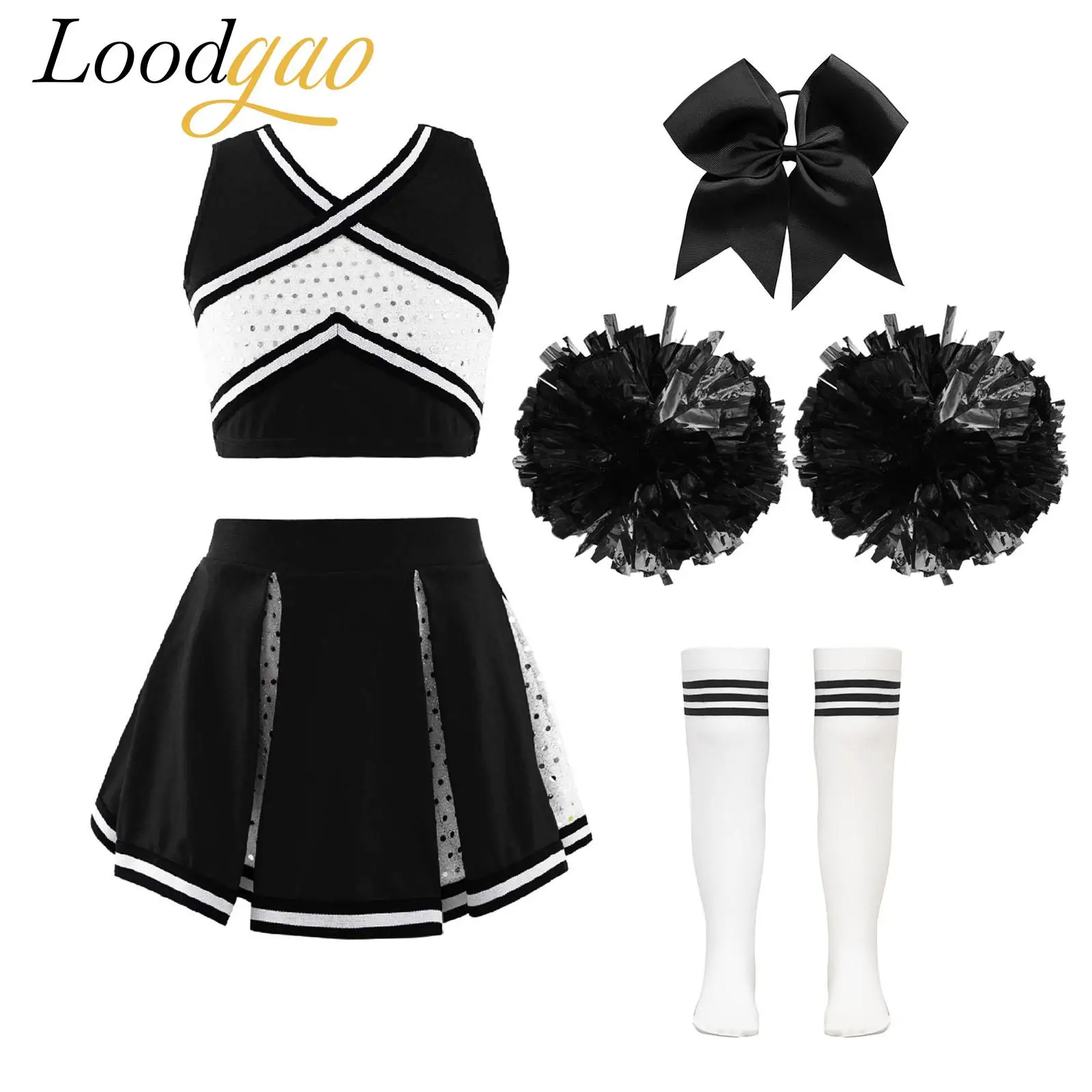 

Костюмы болельщиков для девочек, танцевальный наряд для поддержки, униформа для черлидинга, укороченный топ, юбка + носки, праздничные комплекты танцевальной одежды для школьниц